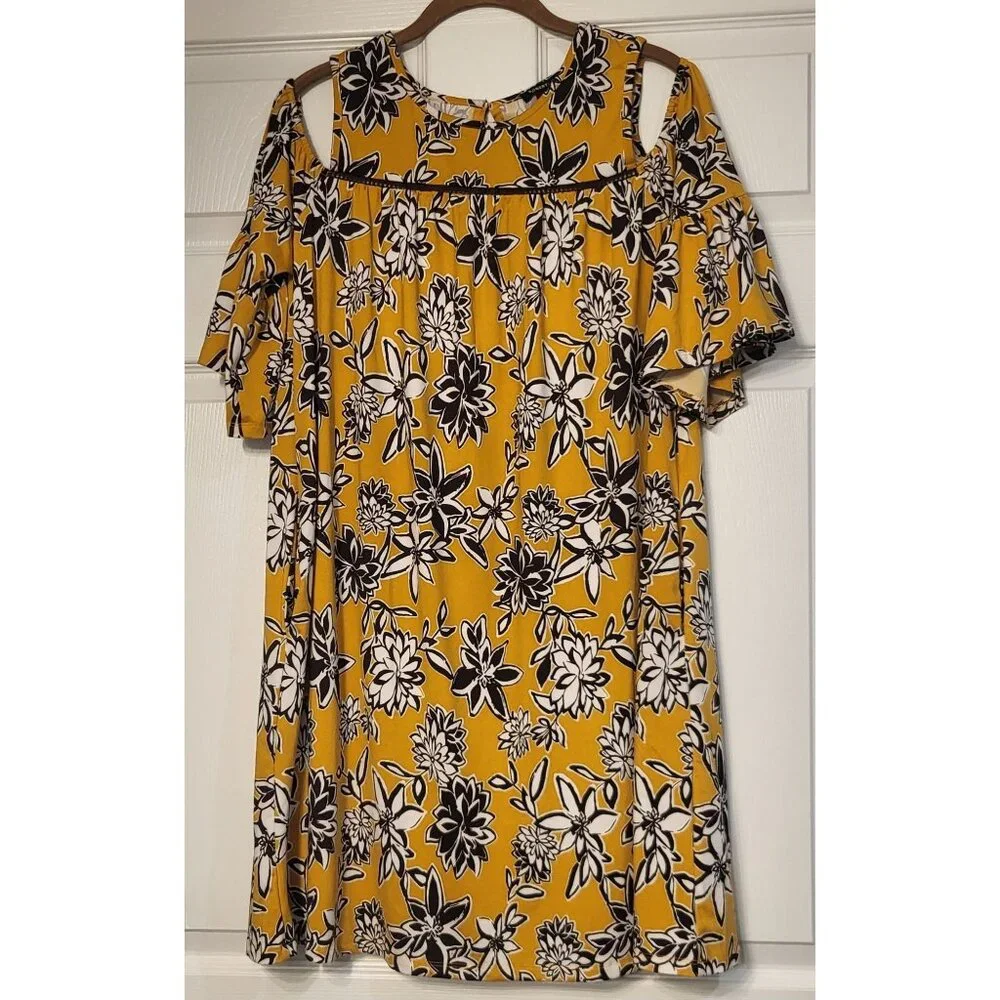 Floral Cold Shoulder Flutter Sleeve Pull On Yellow Wedding Guest Dress M